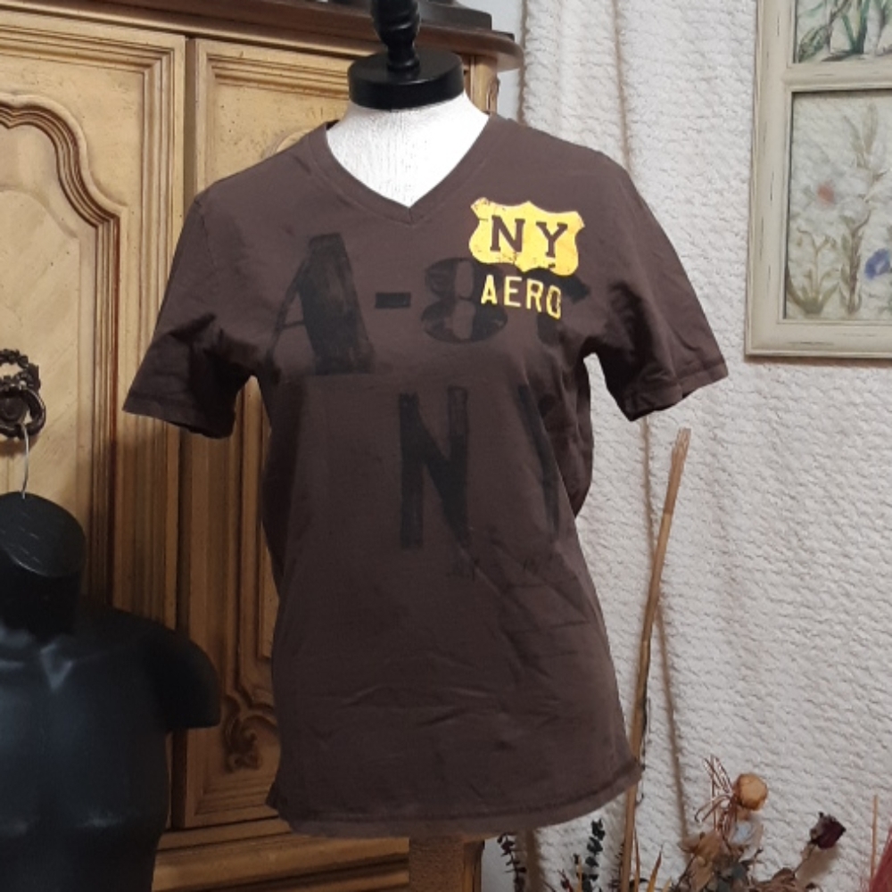 Womens V Neck Tee AEROPOSTALE Tshirt Cotton shirt Shoet Sleeve Brown Sz Petite S